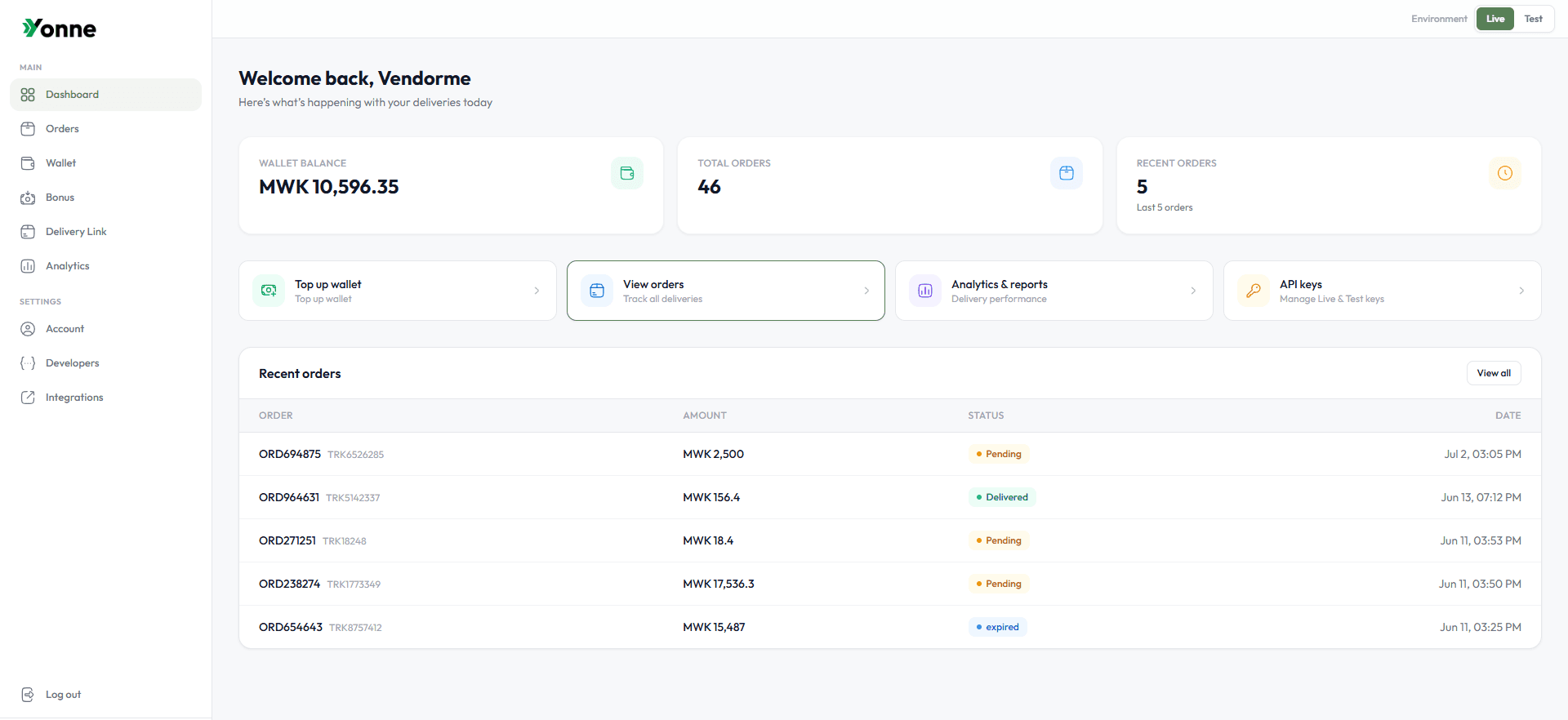 The Yonne merchant dashboard showing wallet balance, orders, and delivery tracking